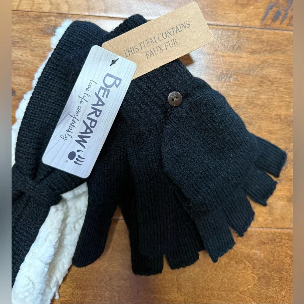 Bearpaw Black Gloves & Sherpa Lined Headband Set NWT Cozy Winter